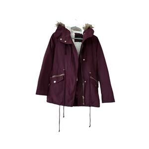 Love Tree Burgundy Faux Fur Hooded Jacket Size Small Zipper And Button Down